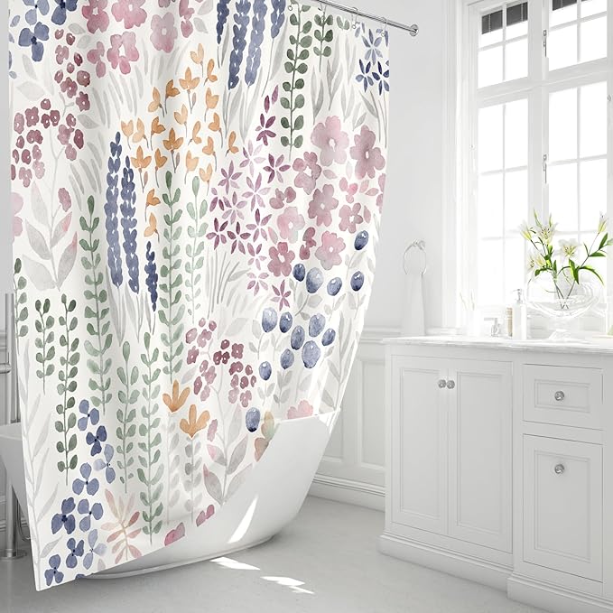 Long Shower Curtain 72 x 78 Inch, Tall Cute Floral Shower Curtain for Bathroom, Mauve Wildflower Boho Cottagecore Fabric Shower Curtain Set with Hooks