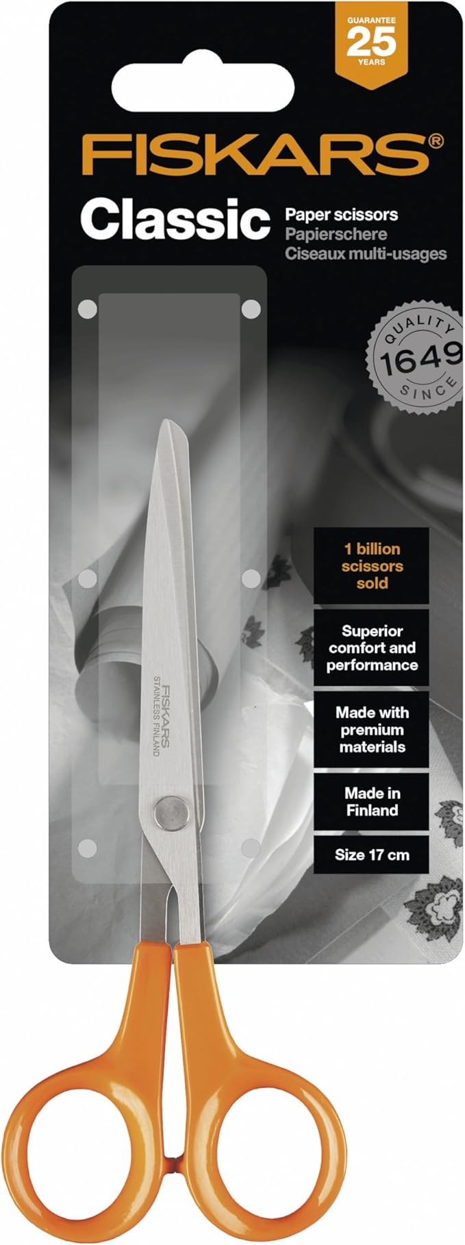 Fiskars Universal Scissors, Length: 17 cm, For Right- and Left-handed Users, Stainless Steel Blade/Plastic Handles, Orange, Classic, 1005150