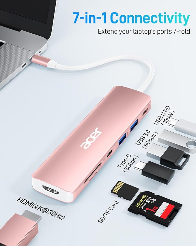 Acer USB C Hub, 7 in 1 USB-C to HDMI Multi-Port Adapter, 2 USBA 3.1 GEN1 and 5Gbps Type-C Data Port, 4K HDMI Port, PD 100W Charging, SD Card Reader for iPad Pro MacBook Pro Laptops and More(Pink)