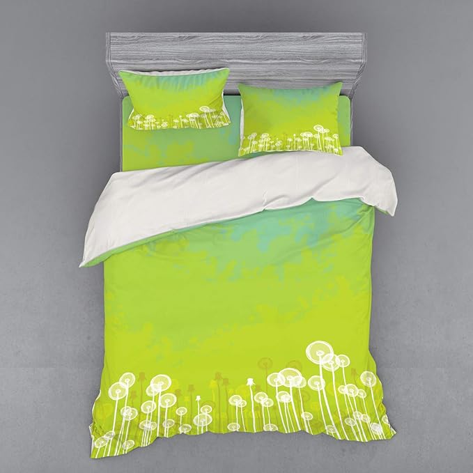 Ambesonne Dandelion Bedding Set, Dandelion Flower Pattern Wild North American Flowering Plant Summertime, 4 Piece Duvet Cover Set with Shams and Fitted Sheet, Queen Size, Apple Green Seafoam