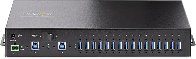 StarTech.com 16-Port Industrial USB 5Gbps Hub with Power Adapter, Metal, DIN/Surface/Rack Mountable, Dual-Host Hub/Switch, TAA