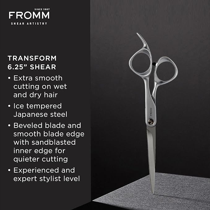 Fromm Professional Transform 6.25" Extra Smooth Hair Cutting Shears on Wet & Dry Hair in Matte Silver Japanese Steel Scissors with Beveled Blade for Experienced & Expert Stylists