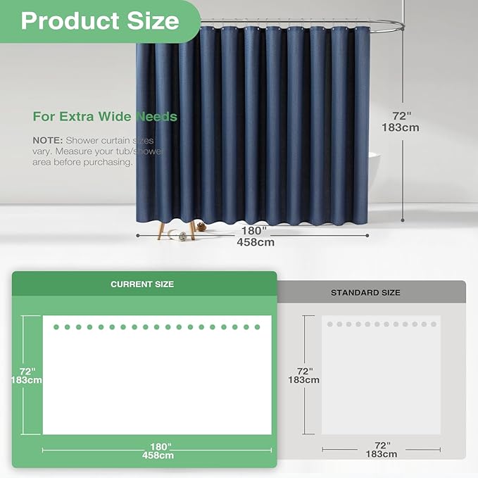 Dynamene Extra Wide Shower Curtain - 180 Inch Wide Waffle Weighted Thick Cloth Bathroom Shower Curtain, Neutral Heavy Duty Hotel Shower Curtain Set with 32 Plastic Hooks,180x72, Navy Blue