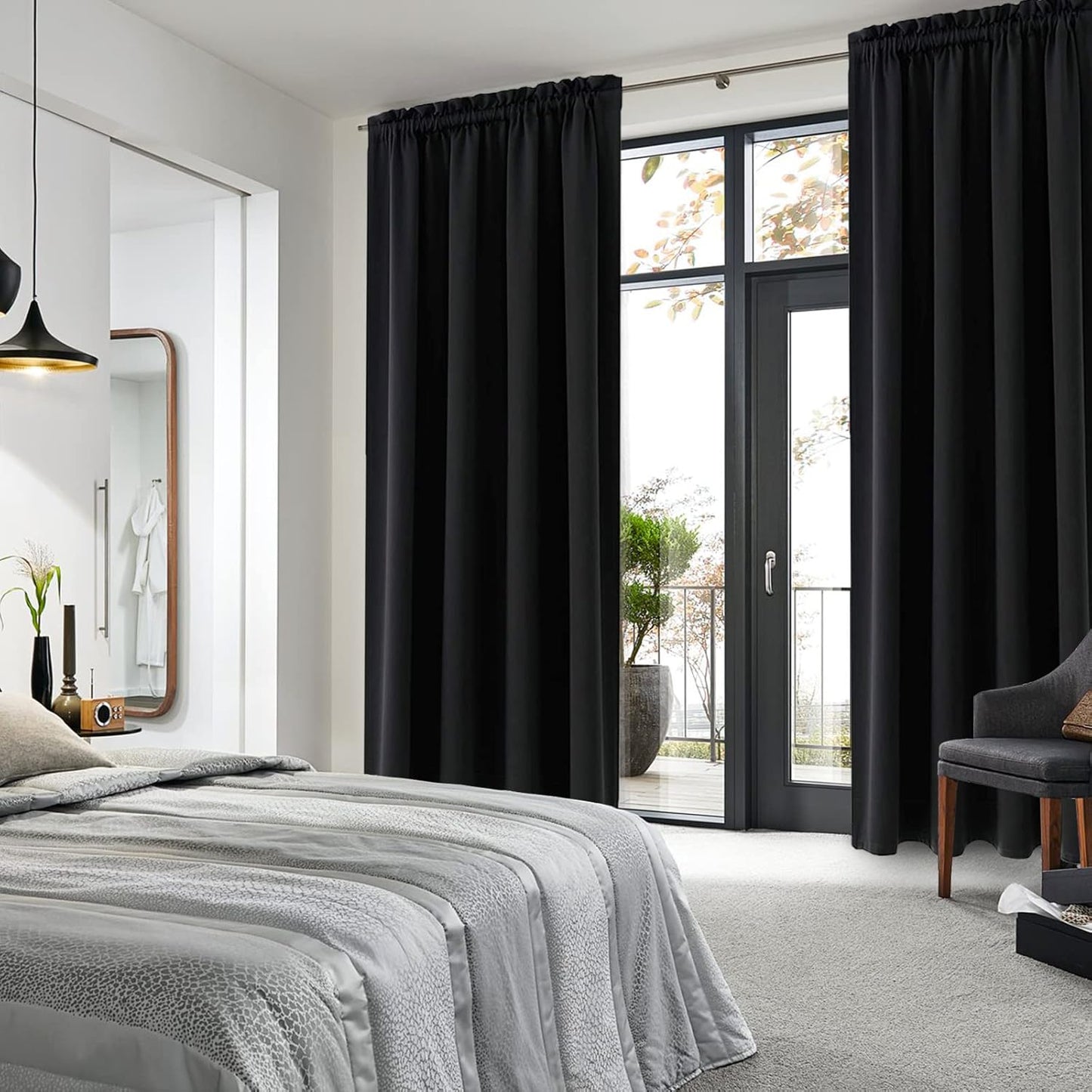 DWCN Black Blackout Curtains for Bedroom, 60 x 84 inches Long - Room Darkening Thermal Insulated Large Drapes, Set of 2 Rod Pocket Curtain Panels