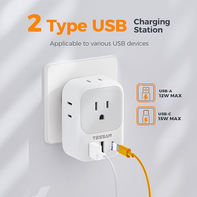 USB Wall Charger, Wall Plug Adapter Outlet Extender, TESSAN 3 Charger Block (1 USB C Port), Multi Charging Station for Cruise, Bathroom, Office, Dorm Essentials