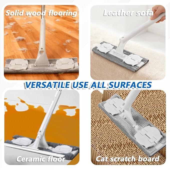 Small-Sized Clip-On Pet Hair Mop - Electrostatic Adsorption for Loose Hair&Dust,with Removable Plastic Scraper,2 Reusable Electrostatic Pet Hair Pads+1 Fiber Cleaning Pad, Works on All Smooth Floors