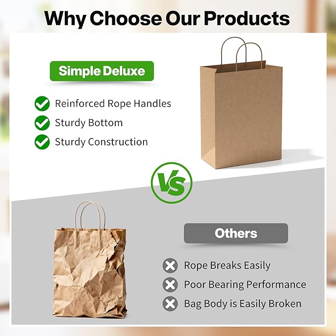 Simple Deluxe Value Pack of 100 Kraft Paper Bags with Handles (10x5x13 Inch) - Made in USA from 90GSM 100% Recycled Paper for Retail, Bulk Savings for Retail, Stores & Gift Packaging