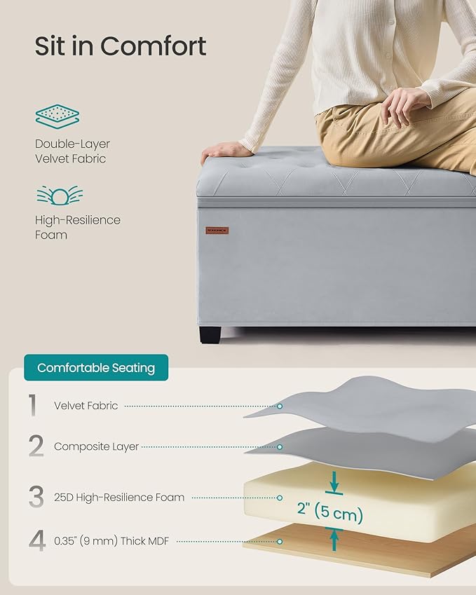 SONGMICS Velvet Storage Ottoman Bench, Foot Rest with Legs, 15.7 x 43 x 15.7 Inches, End of Bed Bench, Storage Chest, Load up to 660 lb, for Living Room, Bedroom, Entryway, Dove Gray ULSF089G02