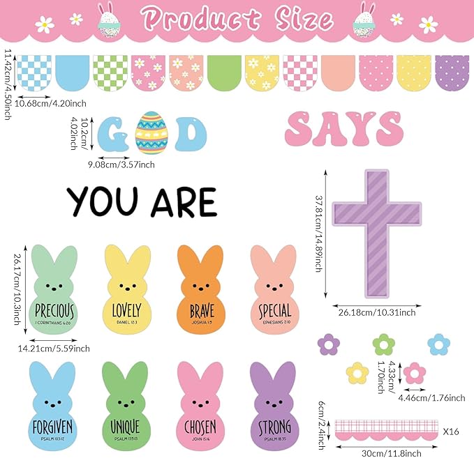 Easter Christian Bulletin Board Decorations God Says You are Religious Classroom Paper Cutouts Inspirational Cross Bunny Decor for Sunday School Church Classroom Chalkboard Wall Decor Teacher Supplies