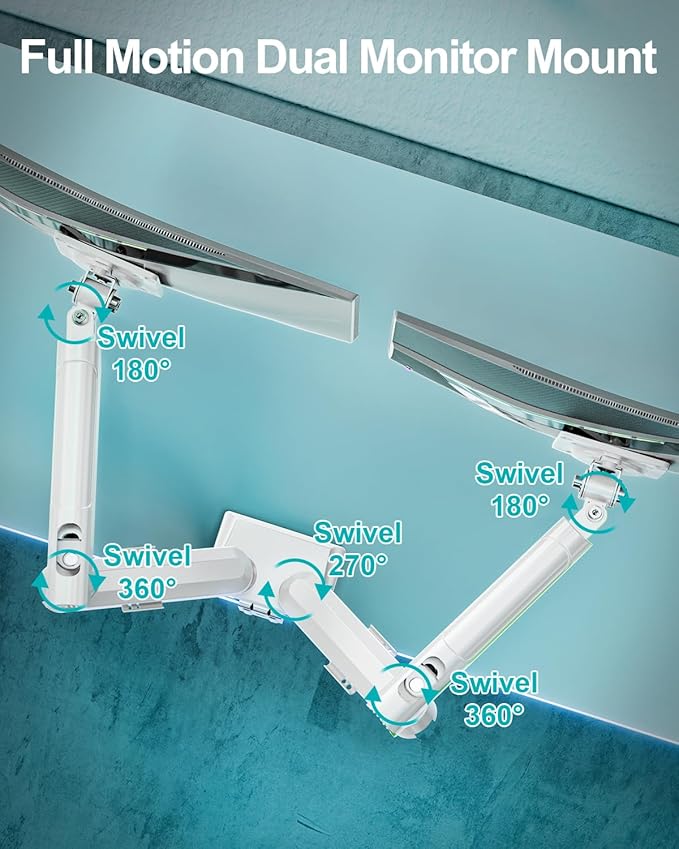 Dual Monitor Desk Mount, 13-32 inch Adjustable Full Motion Monitor Arm, Computer Display Stand Holder with Clamp and Grommet Base, Fits 4.4 to 22lbs Screens, VESA Mount Bracket, White, Freelift Pro