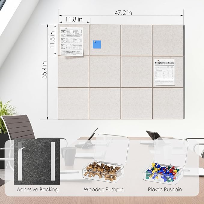 MaxGear Large Cork Board for Wall 48" x 36" Light Tan Bulletin Board, 12 Pack Felt Wall Tiles with Pushpins, Cork Boards for Office Pin Board Tack Board for Photo Meno Decor