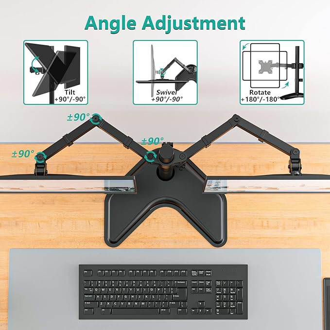 WALI Dual Monitor Stand for Desk, Monitor Stands for 2 Monitors up to 27 inch, Dual Monitors Mount Fits up to 22lbs, Free Standing Full Motion Dual Monitors Arm for Desk (MF002), Black