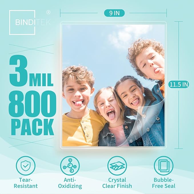 Binditek 800 Pack 3 Mil Laminating Sheets, 9x11.5 Inches Thermal Laminating Pouches, for Letter Size, Ultra Clear, Glossy, Hold 8.5x11 Inches, Heat Seal, Office School Supplies