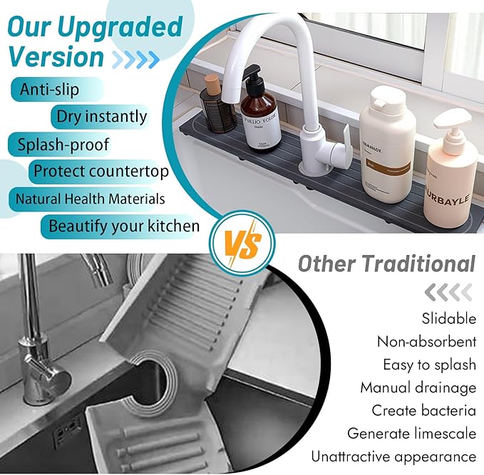 Fast Drying Stone Faucet Mat for Kitchen Sink with Raised Feet, Water Absorbent Diatomite Stone Sink Tray, Faucet Sink Splash Guard, Prevents Moisture Buildup, Durable Protector for Bathroom Counter