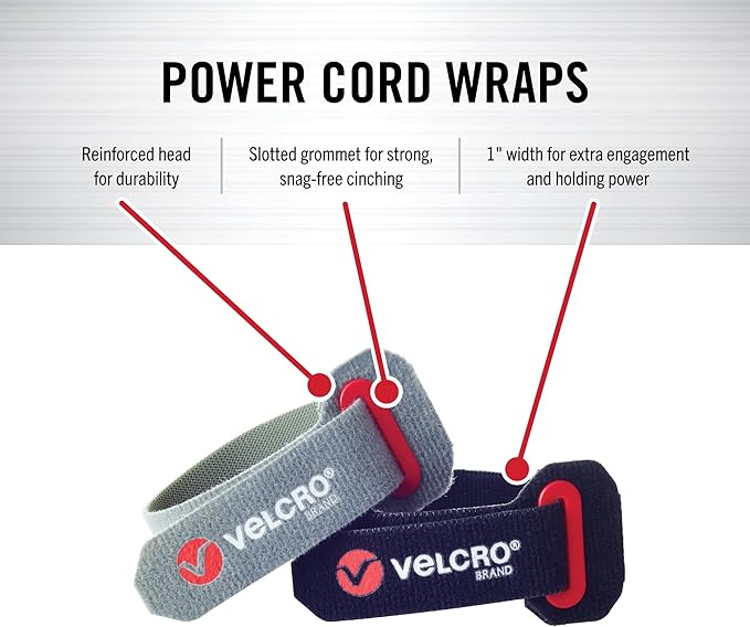 VELCRO Brand Power Cord Wraps | Heavy Duty Straps for Extension Cords, Ropes, Cables | Reinforced Slotted Grommet for Strong Snag Free Cinching | 12 Inch, 2Pk, Black and Gray
