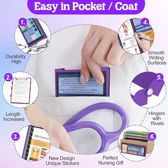 Nursing Clipboard Foldable-4 Layers Aluminum Nurse Foldable Clipboard Nursing Medical Edition Cheat Sheets, Pocket Size Pen Clip for Nurses Students School and Doctors-Purple Christmas Gifts Idea