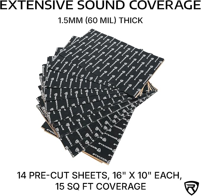 Rockville RockMat 15-15 15 Sq Ft Butyl Sound Deadening Mat 1.5MM 60 Mil, Aluminum Foil Backing, Vibration and Noise Damping for Car Truck Van RV Marine and Audio Installations