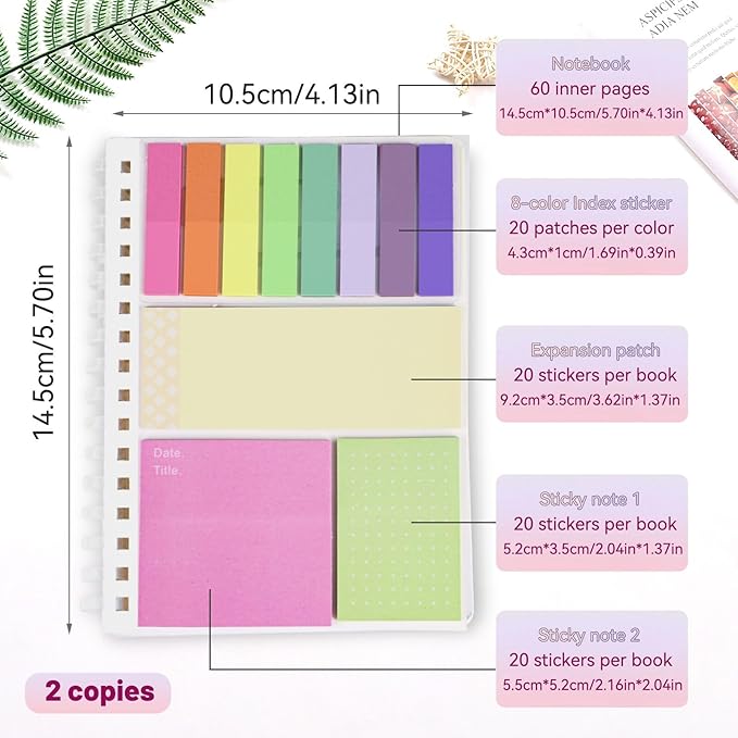 2 Pack Multi-Functional Sticky Note Set with Bible Tabs 440 Transparent Post it Notes 120 Page Notebook for Bible Study Office Supplies (Colour)