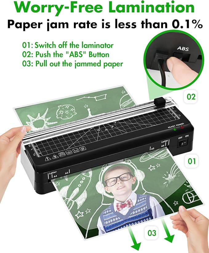 Laminator, A4 Laminator Machine, 9 inches Thermal Lamination Fast Warm-up with Build in Paper Trimmer,Portable Personal Laminating for Home/Office/School (A4 laminator +10PCS)