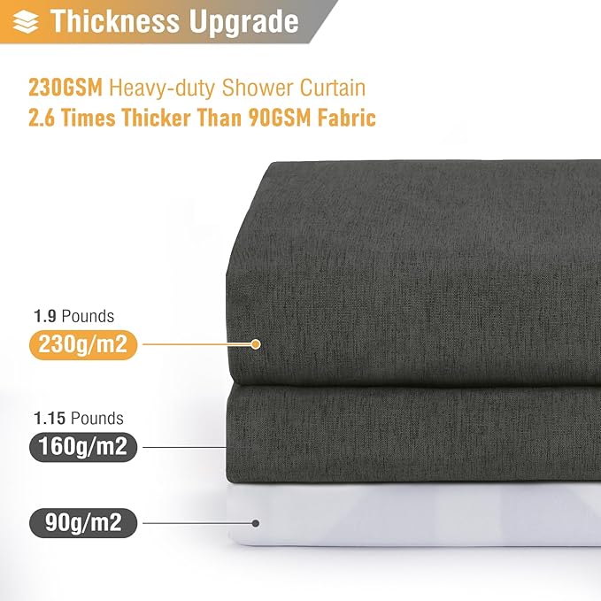 BTTN Grey Extra Long Shower Curtain, 72x96 Inch Long Linen Textured Heavy Duty Fabric Shower Curtain Set with 12 Hooks, Tall Simple Neutral Waterproof Cloth Shower Curtain for Bathroom, Charcoal Gray