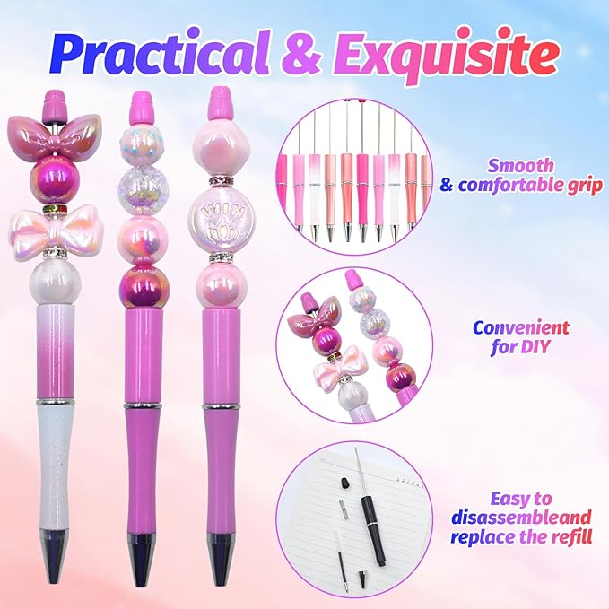 150 Pieces DIY Beadable Pen Kit – 50 Plastic Ballpoint Pens with Refills & Bags – School Supplies, Office Accessories & Decorative Items for Students & Teachers （Pink）