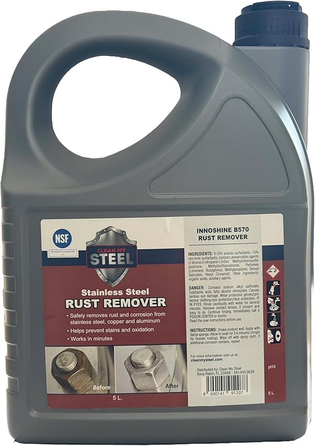 Stainless Steel Rust Remover and Stain Cleaner | NSF Approved | Non-Toxic & Food Safe | Quickly Cleans Commercial Equipment, Appliances, Grills, Sinks, and Tools - 5 liter
