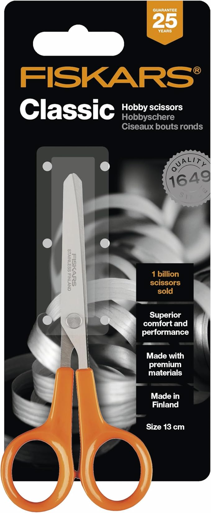 Fiskars Hobby Scissors, Length: 13 cm, For Right- and Left-handed Users, Stainless Steel Blade/Plastic Handles, Orange, Classic, 1005154