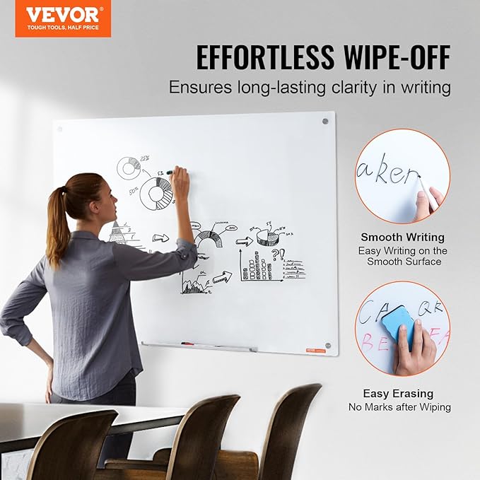 VEVOR Magnetic Glass Writing Board, Erasable 48"x32", Frameless Wall Hanging White Glassboard, Includes Marker Holder, an Eraser, and 2 Writing Pens, White