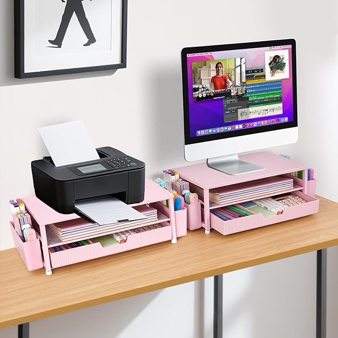 Desk Organizer and Accessories, 2-Tier Computer Monitor Stand Rise with Storage Drawer & 2 Pen Holders, Laptop & Printer Stand for Desktop, Workspace Organizers for Office Supplies (Pink)