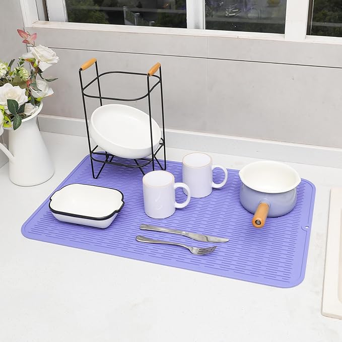 Silicone Dish Drying Mat for Multiple Usage,Easy clean,Eco-friendly,Heat-resistant Silicone Mat for Kitchen Counter or Sink,Refrigerator or Drawer Liner Light Purple 3XL 28 inches x 18 inches
