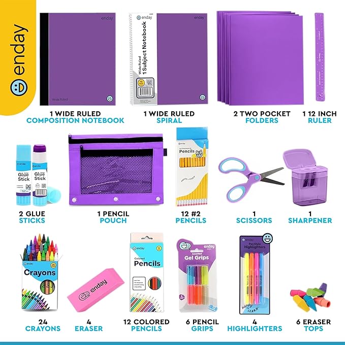 Back to School Supplies for Kids, Purple School Supply Box Grades K-5, Premium Quality Kids School Supplies Kit, Kindergarten School Supplies for Girls and Boys, 71 Piece Set - by Enday