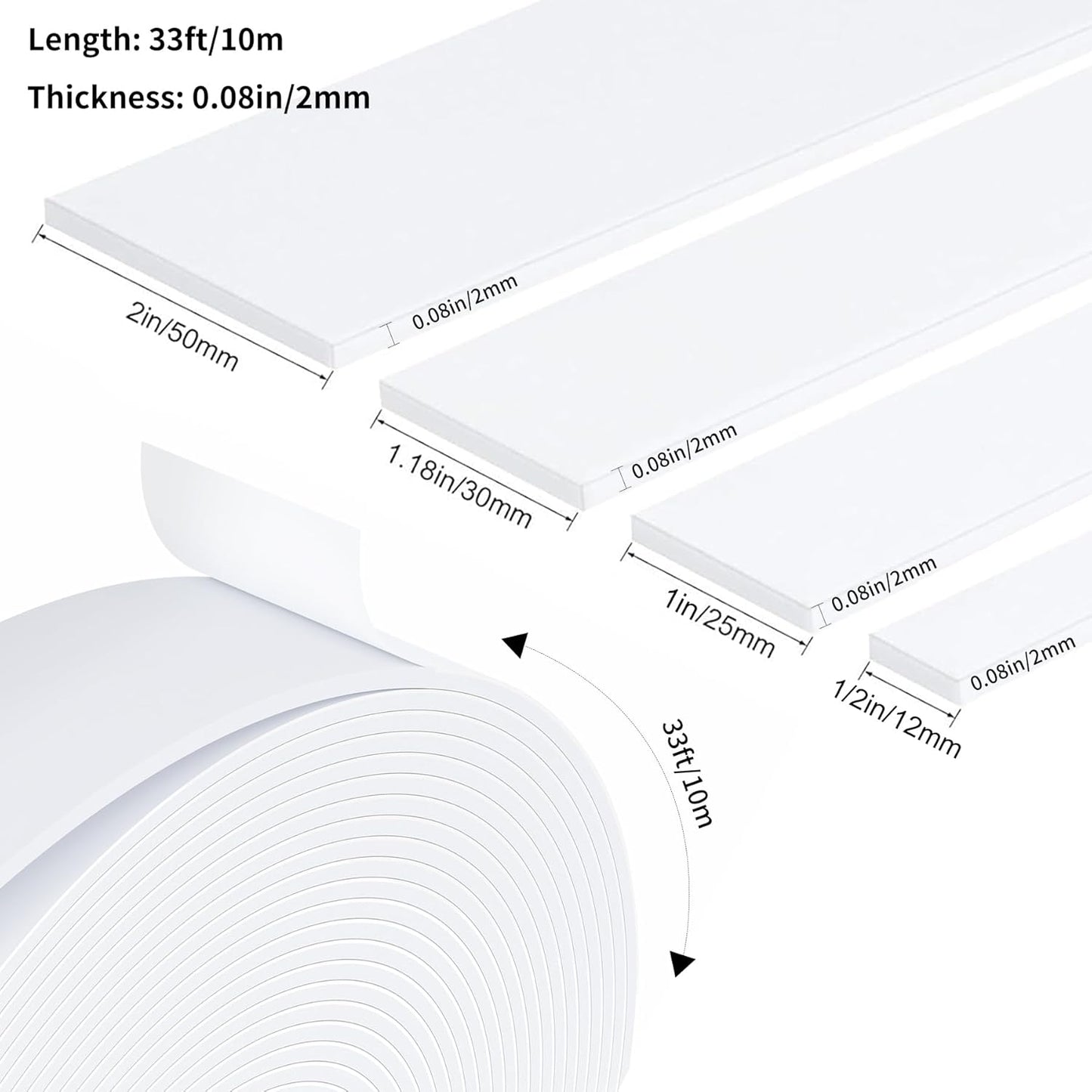 Weather Stripping Door Seal White,Self Adhesive Foam Tape High Density Foam Sealing Strip,Air Conditioner Window Seal,Soundproof Tape Roll(1" W X 1/13" T X 33' L)