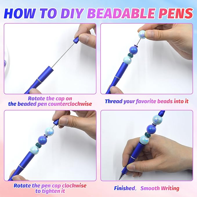 300 Pieces DIY Beadable Pen Kit – 100 Plastic Ballpoint Pens with Refills & Bags – School Supplies, Office Accessories & Decorative Items for Students & Teachers (Blue)