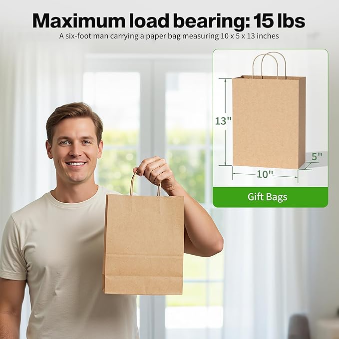 Simple Deluxe Value Pack of 50 Kraft Paper Bags with Handles (10x5x13 Inch) - Made in USA from 90GSM 100% Recycled Paper for Retail, Bulk Savings for Retail, Stores & Gift Packaging