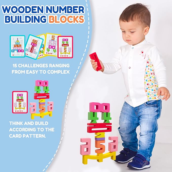 20Pcs Wooden Number Building Blocks,Montessori Number Blocks Math Learning Digital Building Blocks Digital Educational Counting Learning Toys for Parent-Child Interaction Skills Valentines Day Gifts
