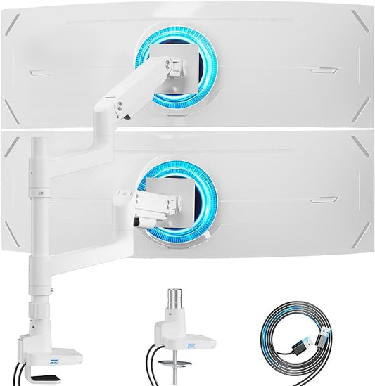 ARES WING Dual Monitor Arm for Ultrawide Heavy Duty Curved Monitor Stacking, Fits 17-49 Inch, Vertical Gas Spring Double Monitor Stand with USB, Adjustable Dual Monitor Mount for Desk, White