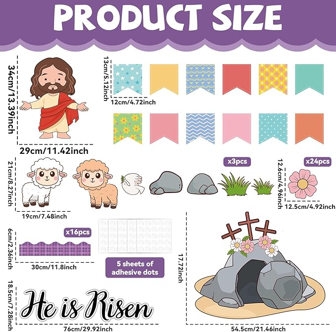 Easter He is Risen Bulletin Board Set Christian Classroom Decorations Easter Religious Jesus Cross Cutouts Flower Name Tags Purple Plaid Bulletin Board Borders for Church Sunday School Wall Door Decor