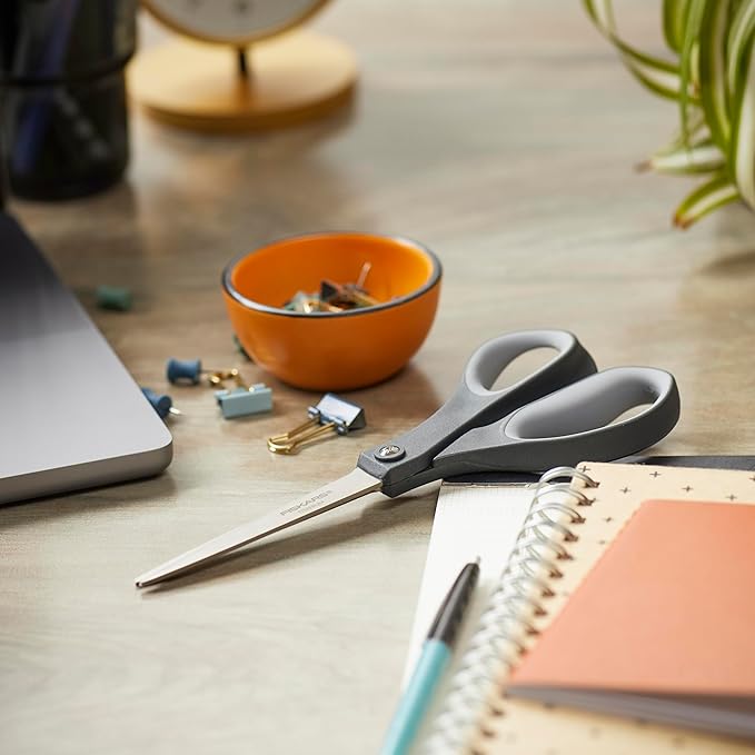 Fiskars 8" Comfort Grip Titanium All Purpose Scissors, Sharp Stainless Steel Blades for Everyday Cutting Tasks, Home, Office, and Arts & Crafts, Gray