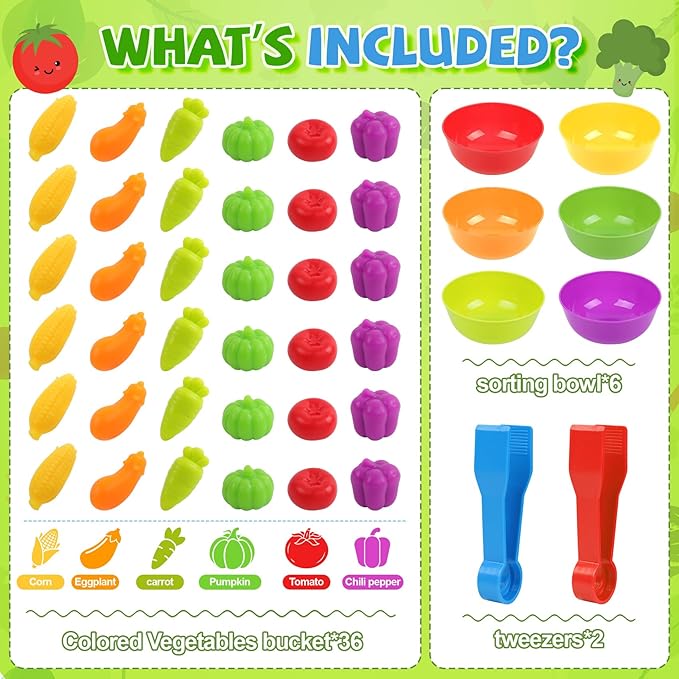TSYAN Counting Vegetables Matching Games Sensory Toys with Sorting Bowls Preschool Learning Activities Color Classification Fine Motor Educational Toys Set Gift for Boys Girls Toddlers Toys Age 3+