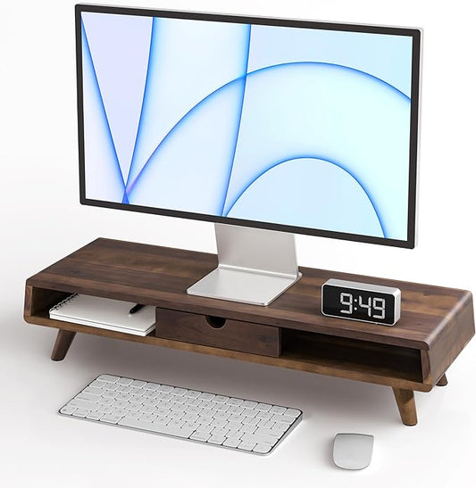 TINAMO Acacia Wood Monitor Stand with Drawer - Wooden Monitor Riser for Desk - Computer Monitor Stand for Desk - Multi-Purpose Desktop Storage Stand for Computer; Laptop; Printer; TV - 24.4 " x 8" x 5" (Walnut color) (Patented)