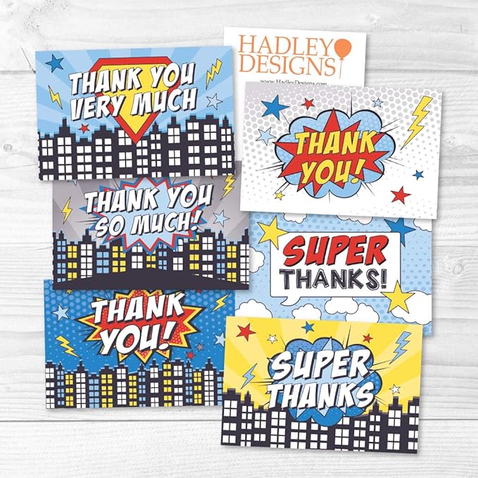 Hadley Designs 24 Superhero Thank You Cards With Envelopes - 4x6 Kids Thank You Cards Boys Birthday Bulk, Blank Baby Boy Super Hero Teacher Appreciation Notes, Superhero Party Supplies, Made In USA