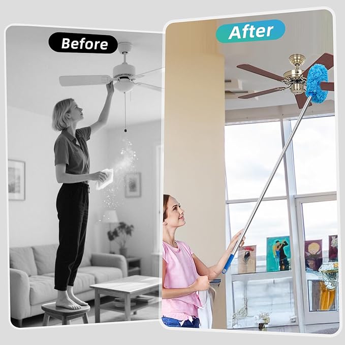DRQ Ceiling Fan Cleaner Duster, 2 Pack Reusable Microfiber Duster with Extension Pole, 13 to 50 Inch Fan Blade Cleaner, Removable Dusters for Cleaning Walls Bookshelves Door Window Top (Blue Pink)