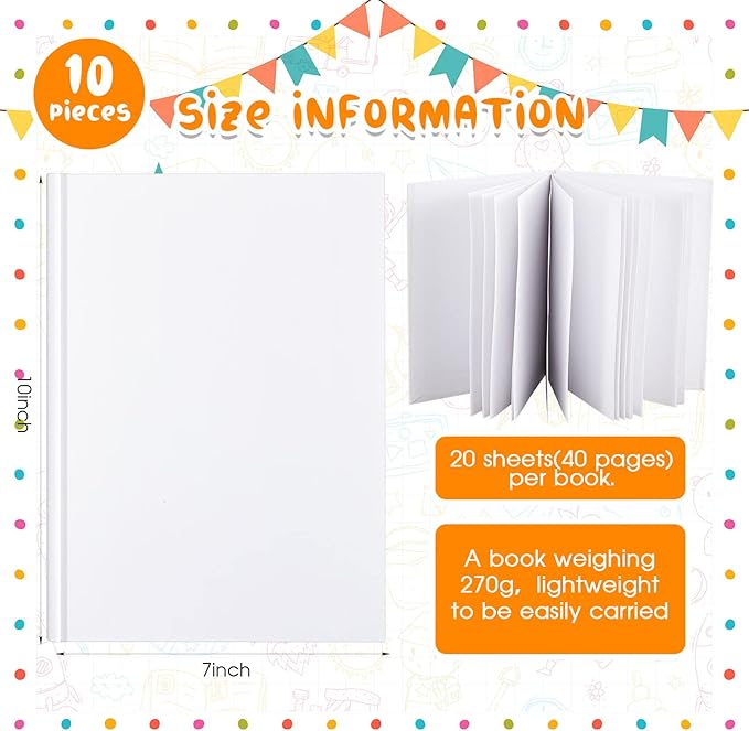 Henoyso Hardcover Blank Books for Kids to Write Stories Make Your Own Book Craft Unlined Notebook for Student Classroom DIY Drawing and Writing 40 Pages SketchBook for Kids Gift(10 Pack,7 x 10 Inch)