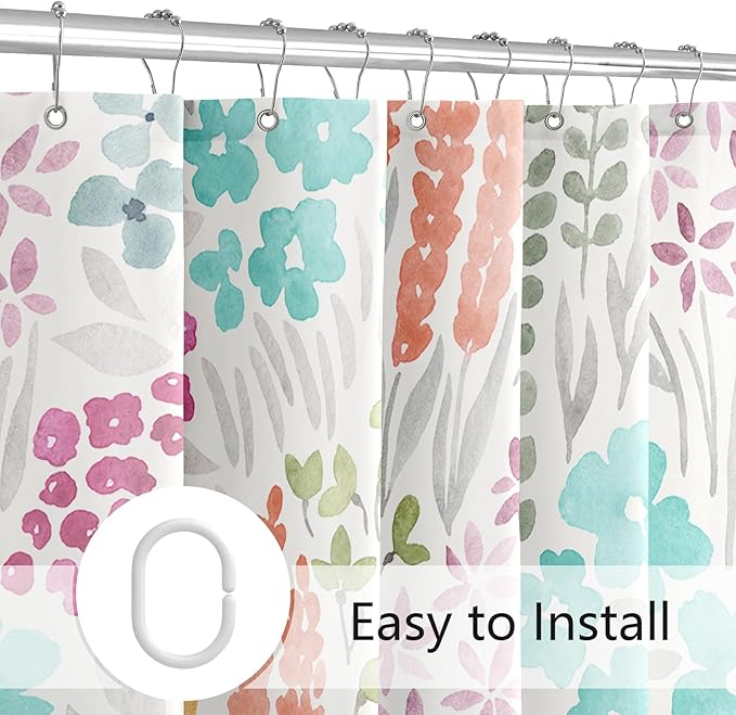 Long Shower Curtain 72 x 78 Inch, Teal Blue Tall Cute Floral Shower Curtain for Bathroom, Turquoise Wildflower Boho Cottagecore Fabric Shower Curtain Set with Hooks