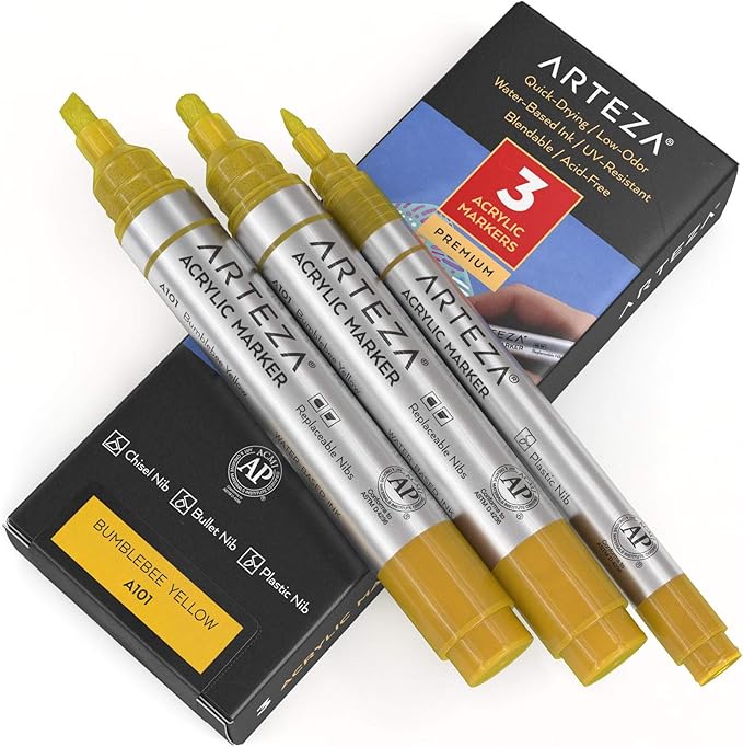 ARTEZA Acrylic Paint Markers, Pack of 3, A101 Bumblebee Yellow, 1 Thin and 2 Thick, Chisel + Bullet Nib, Paint Pens for Canvas, Rock, Glass, Wood