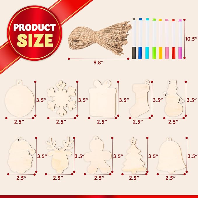 JOYIN 100 Pcs Christmas Wooden Ornaments Crafts to Paint, Unfinished Wood Painting Kits with 8 Watercolor Pens for Kids, Make Your Own DIY Hanging Ornament for Xmas Tree Decor Party Supplies (Age 8+)