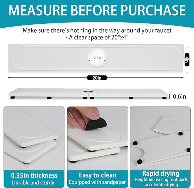 Faucet Mat for Kitchen Sink with Raised Feet, Fast Drying Diatomite Stone Sink Tray, Water Absorbent Faucet & Sink Splash Guard, Prevents Moisture Buildup, Durable Protector for Bathroom Counter