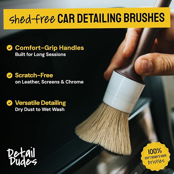 Soft Boar Hair Car Detailing Brush Set - 6-Pack - Scratch-Free Soft Bristle Cleaning Brushes - Reaches Tight Spots & Interior Car Cleaning Kit - Ergonomic & Durable Detailing Supplies