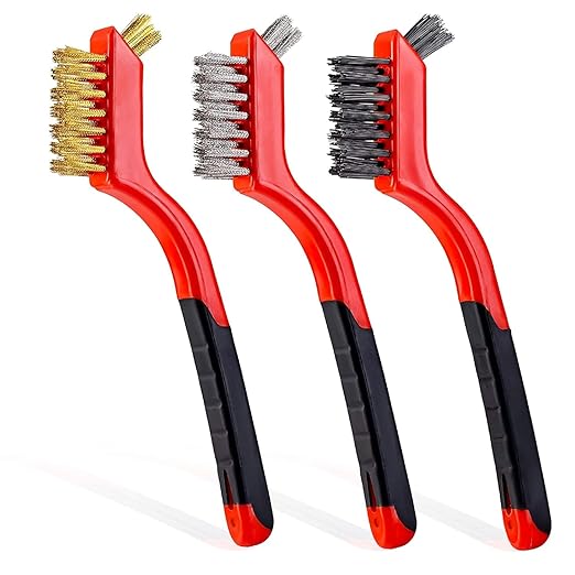 Wire Brush Set, 6 Pcs Brass/Stainless Steel/Nylon Wire Brushes for Cleaning with Curved Handle Grip for Rust Removal, Dirt, Paint Scrubbing