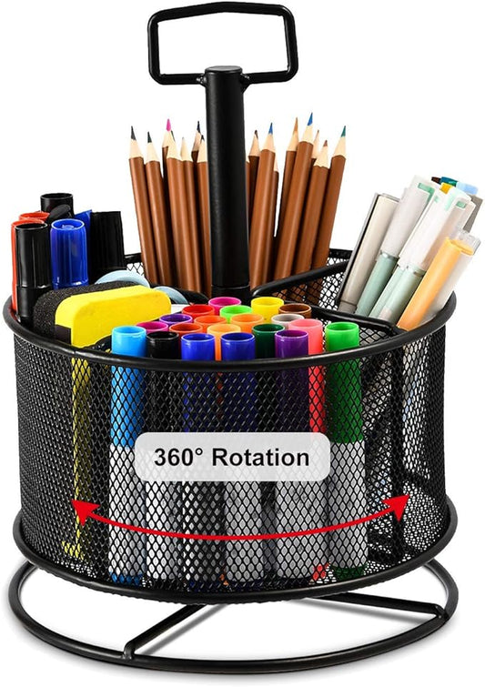 Marbrasse Mesh Desk Organizer, 360-Degree Rotating Multi-Functional Pen Holder, 4 Compartments Desktop Stationary Organizer, Home Office Art Supply Storage Box Caddy (Black)